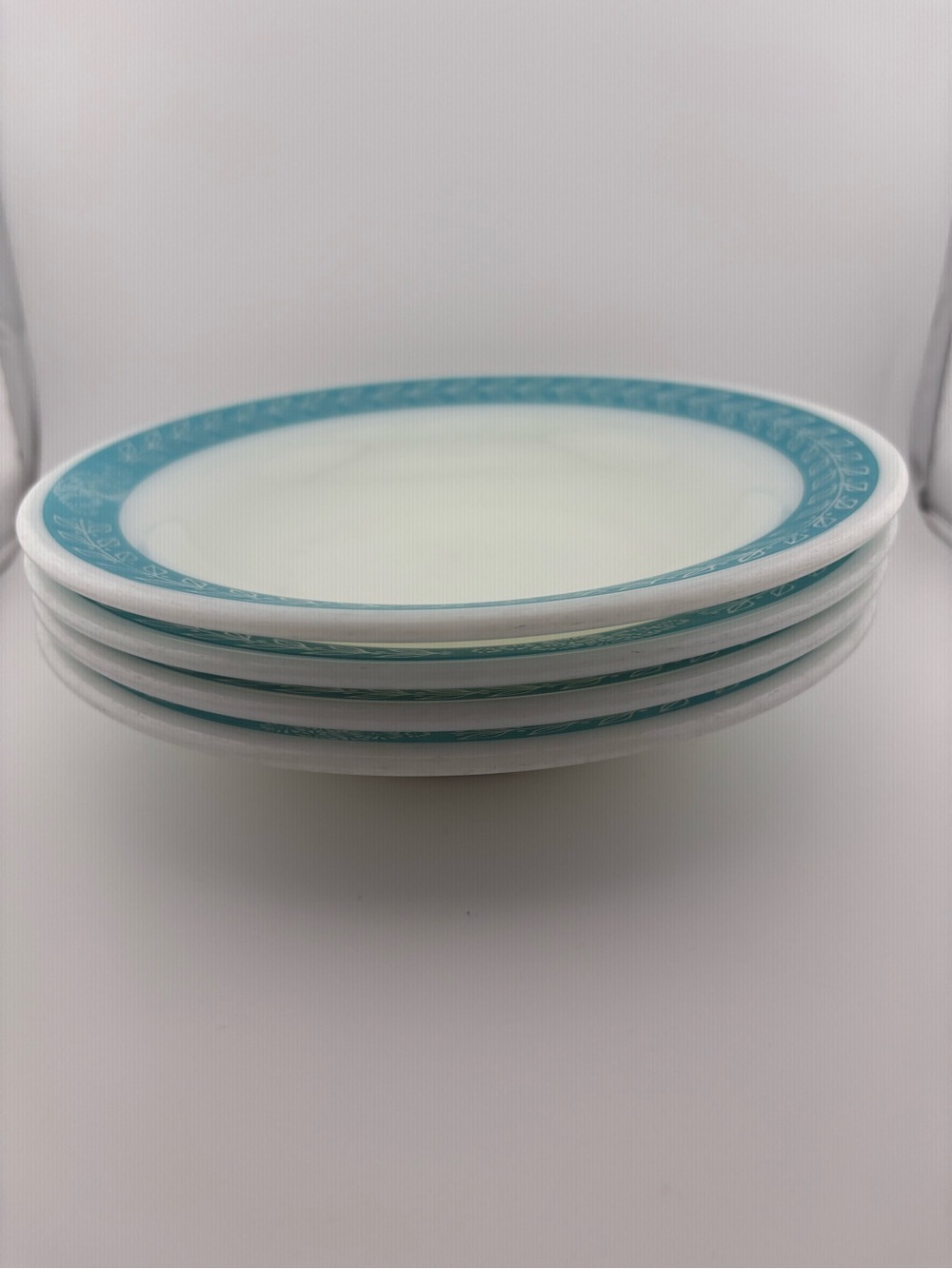 Set of 4 Vintage Corning Bluegrass Laurel Leaf/Teal Blue Shallow Bowl 9”